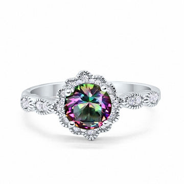 Floral Art  Engagement Ring Simulated Rainbow CZ 925 Sterling Silver